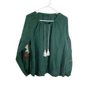 Vyshivanka By Ryabokon Factory Green Artisan Embroidered Tassels Blouse